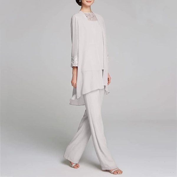 41K4AJkiNDL.jpg Women's Mother of The Bride Pants Suits Full Length Chiffon Lace 3/4 Sleeve 3 Pcs Wedding Sets
