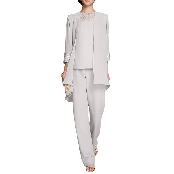 41SCcyo9uuL.jpg Women's Mother of The Bride Pants Suits Full Length Chiffon Lace 3/4 Sleeve 3 Pcs Wedding Sets