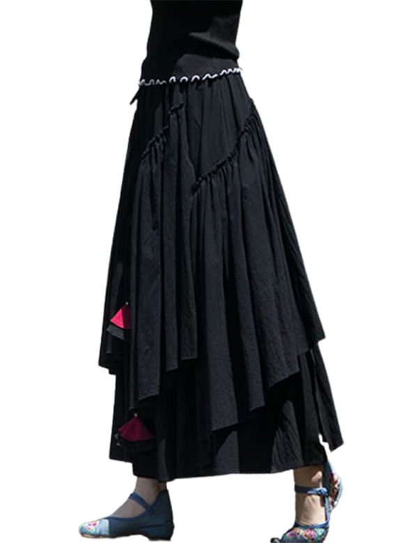 Womens Elastic Waist Aline Cotton Lined Retro Maxi Hem Pleated Long Skirts