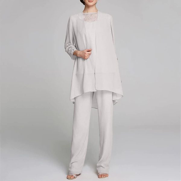 41rFVxboR1L.jpg Women's Mother of The Bride Pants Suits Full Length Chiffon Lace 3/4 Sleeve 3 Pcs Wedding Sets