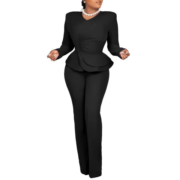 41ya-uH6S8L.jpg New ruffled V-neck top and pants two-piece set