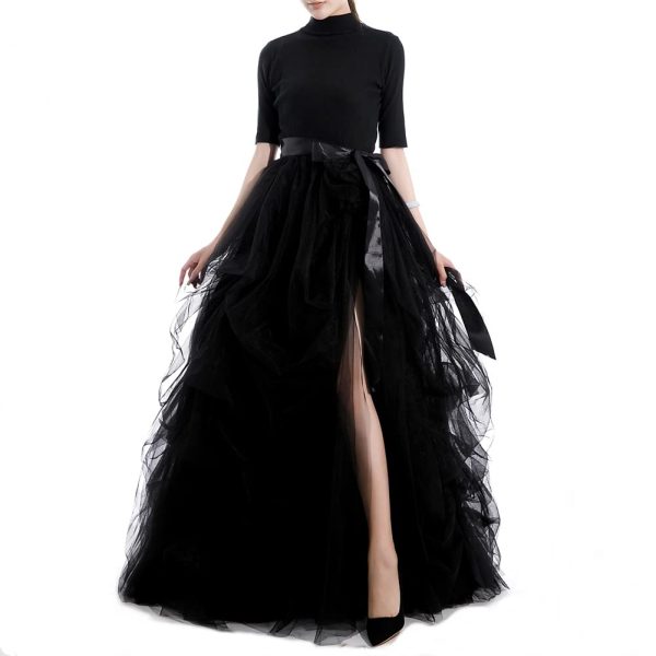 510IOM8hhbL.jpg Women's Long Tutu Tulle Skirt A Line Floor Length Black Special Occasion Night Out fold Skirt