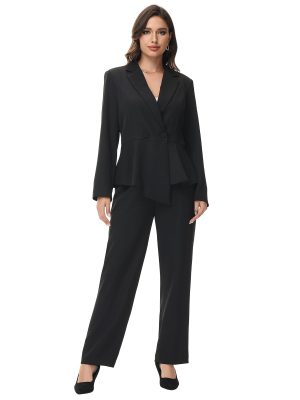 Women's Suit Outfits Set 2 Piece Ruffle Blazer with Pants Suit Set Long Sleeve Business Casual