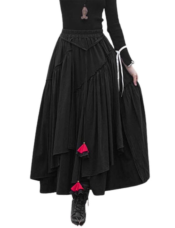 Womens Elastic Waist Aline Cotton Lined Retro Maxi Hem Pleated Long Skirts