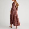 Women Floral Embroidered Maxi Dress Long Puff Sleeve Square Neck Bohemian Flowy Dress with Pockets Smocked Fall Dress