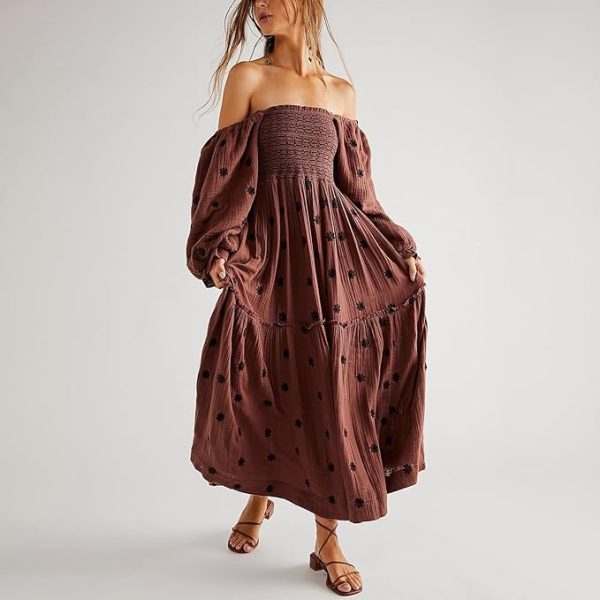 519vtjsET8L.jpg Women Floral Embroidered Maxi Dress Long Puff Sleeve Square Neck Bohemian Flowy Dress with Pockets Smocked Fall Dress