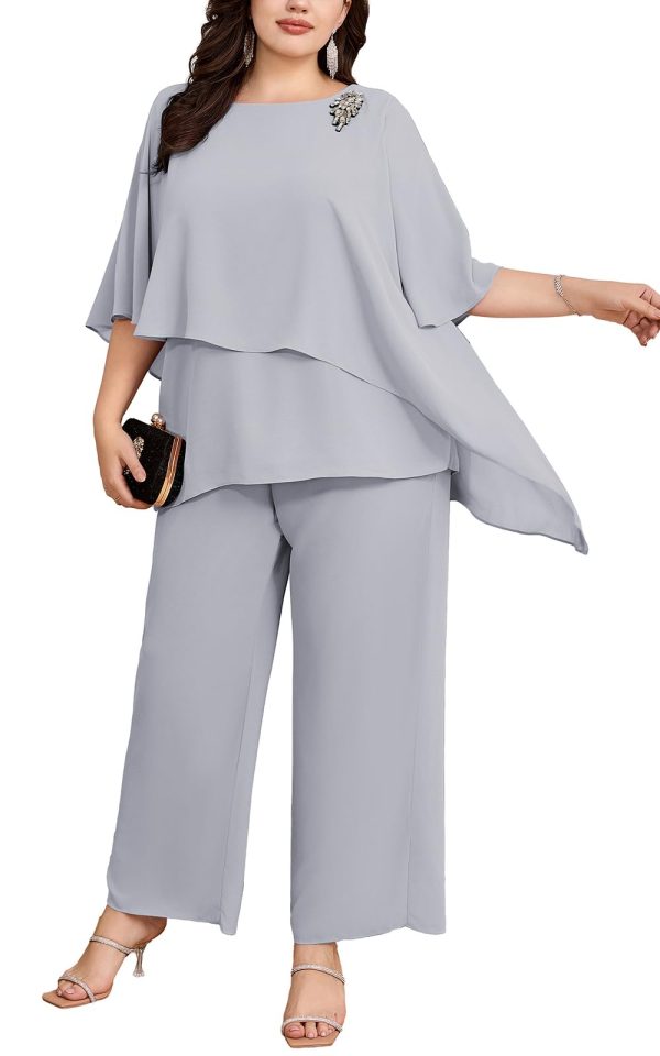 51K8izDcjmL.jpg Plus Size Mother of Bride Pant Suits 2 Piece Chiffon Sets Ruffle Layers Wedding Guest Outfit