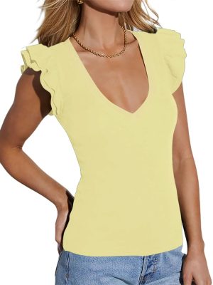 Women's Summer Sleeveless Tops V Neck Ruffle Shirts Ribbed Knit Tank Top Sexy Blouse Ladies Clothes 2025