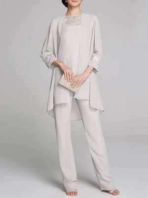 Women's Mother of The Bride Pants Suits Full Length Chiffon Lace 3/4 Sleeve 3 Pcs Wedding Sets