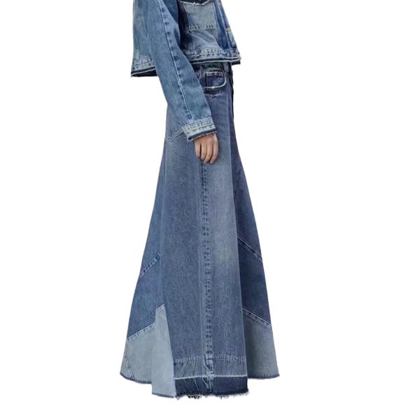 Women's Distressed Patchwork Long Denim Skirt High Waist Frayed Raw Hem A-Line Maxi Jean Skirts