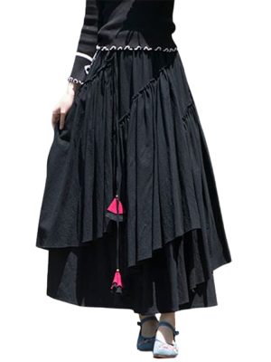 Womens Elastic Waist Aline Cotton Lined Retro Maxi Hem Pleated Long Skirts
