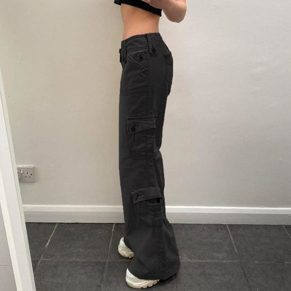 Womens Straight Wide Leg Cargo Jeans Vintage Flap Pocket Cargo Pants Baggy Y2k Pants