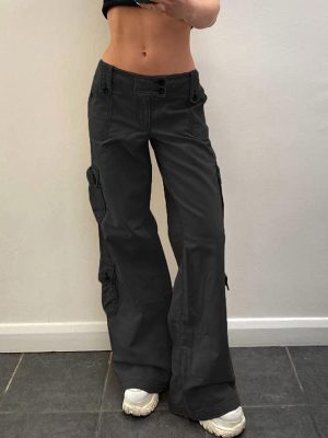 Womens Straight Wide Leg Cargo Jeans Vintage Flap Pocket Cargo Pants Baggy Y2k Pants