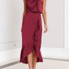 Womens 2025 Summer Satin Mock Neck Wedding Guest Party Cocktail Midi Dress Sleeveless Wrap Ruffle Formal Dresses