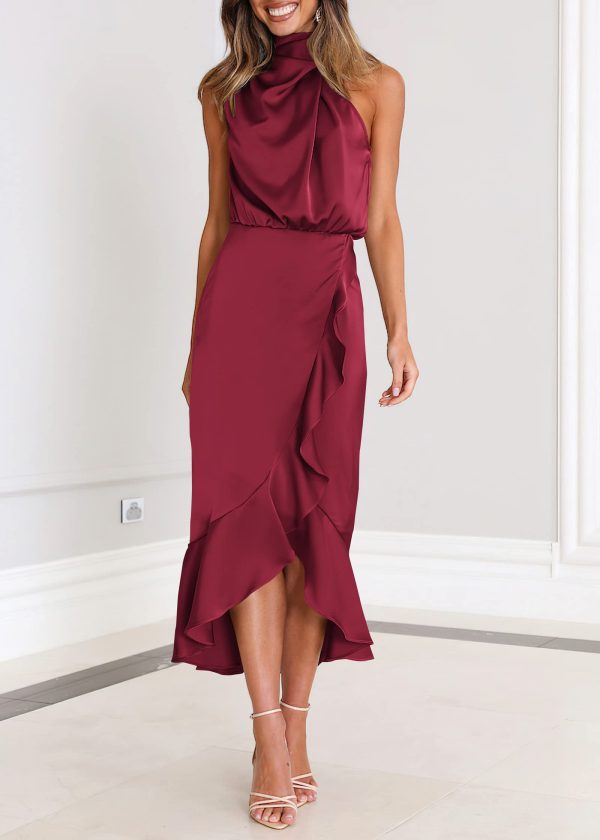 Womens 2025 Summer Satin Mock Neck Wedding Guest Party Cocktail Midi Dress Sleeveless Wrap Ruffle Formal Dresses