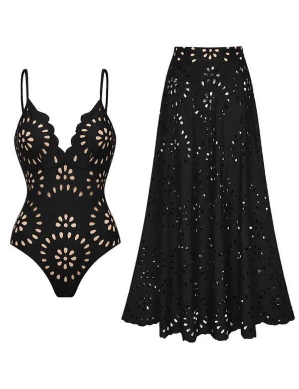 610Jtio7cmL.jpg Women's One Piece Bathing Suit Petal Hollow V Neck Swimsuit and Skirt
