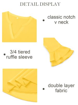 Blouse for Women Dressy Casual Spring Summer 3/4 Ruffle Sleeve Tops Double Layered Business Casual Tunic Work Shirts