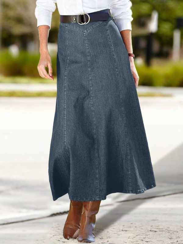 613s8bvaS7L.jpg A-Line High Rise Vintage Wash Stitch Detail Long Denim Skirt Without Belt