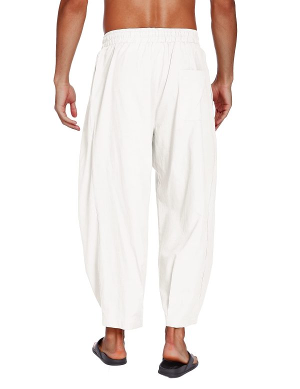 618R6BQtsXL.jpg Men's Cotton Linen Harem Pants Drawstring Casual Cropped Trousers Lightweight Loose Beach Yoga Pants with Pockets