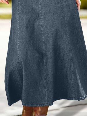 A-Line High Rise Vintage Wash Stitch Detail Long Denim Skirt Without Belt
