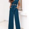 Women's Summer 2 Piece Outfits 2025 Cap Sleeve V Neck Belted Crop Tops Wide Leg Pant Sets Casual Tracksuit