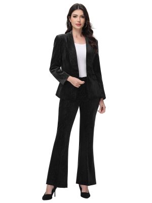Women Pantsuit Dressy Silver Thread Velvet 2 Piece Suit Set Blazer and Flared Pants