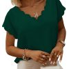 Womens Scallop Trim Summer Fashion Solid Short Batwing Sleeve V Neck Blouses Tops