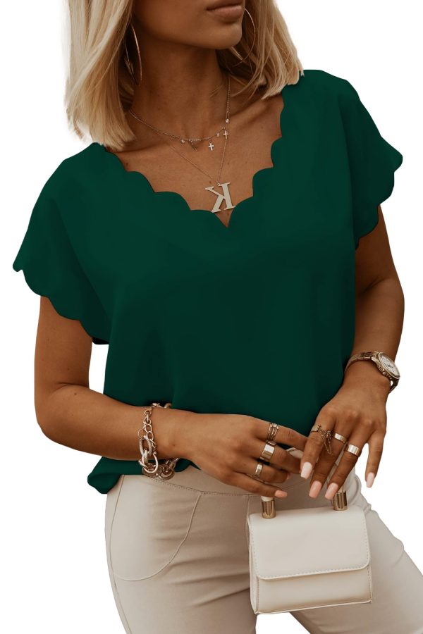 61GBJFM88wL.jpg Womens Scallop Trim Summer Fashion Solid Short Batwing Sleeve V Neck Blouses Tops