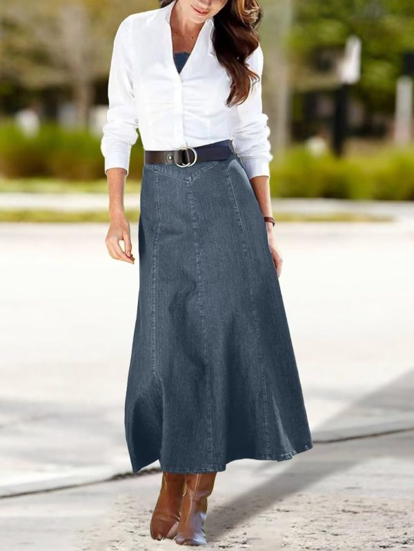 61H51LLh0SL.jpg A-Line High Rise Vintage Wash Stitch Detail Long Denim Skirt Without Belt