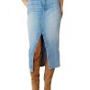 Straight High Rise Vintage Zipped up Wash Split Thigh Midi Denim Skirt Without Belt