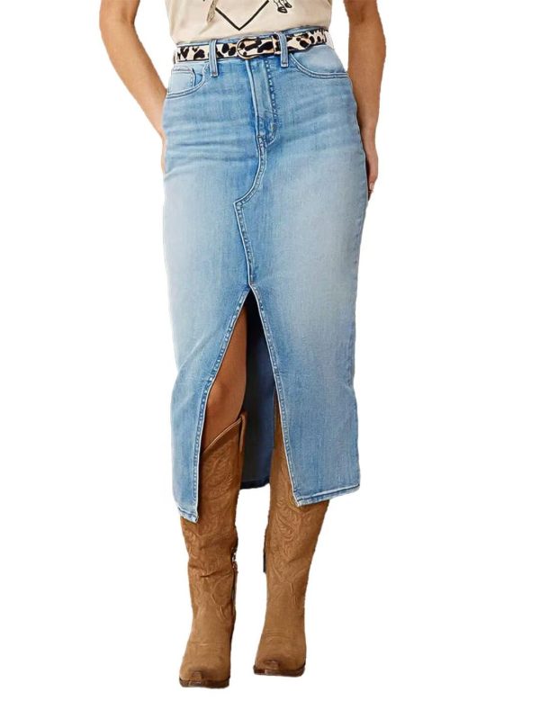 61HYDRQ1OYL.jpg Straight High Rise Vintage Zipped up Wash Split Thigh Midi Denim Skirt Without Belt