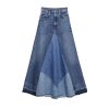 Women's Distressed Patchwork Long Denim Skirt High Waist Frayed Raw Hem A-Line Maxi Jean Skirts