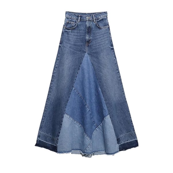 Women's Distressed Patchwork Long Denim Skirt High Waist Frayed Raw Hem A-Line Maxi Jean Skirts