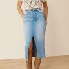 Straight High Rise Vintage Zipped up Wash Split Thigh Midi Denim Skirt Without Belt