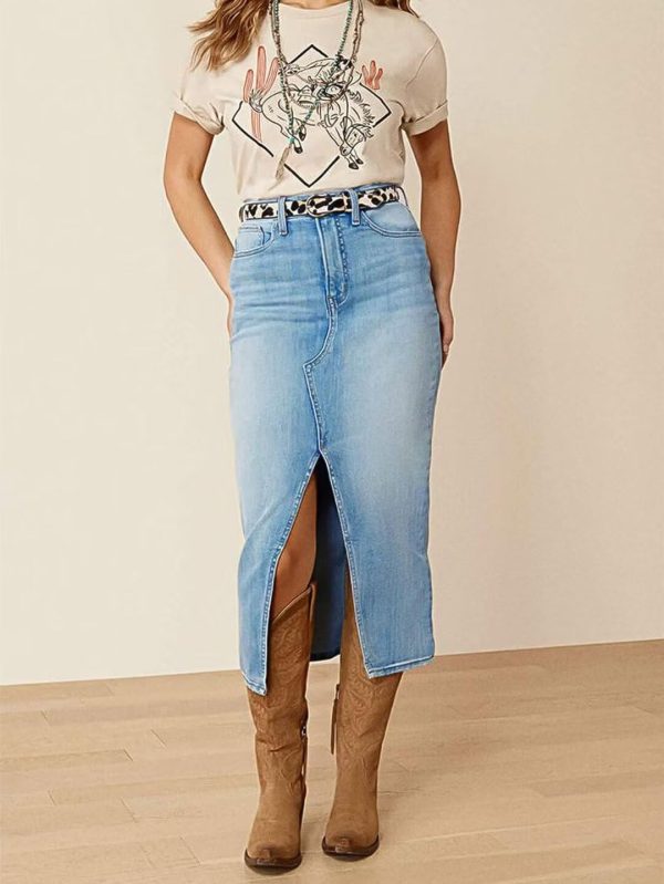 61N1SCk3dEL.jpg Straight High Rise Vintage Zipped up Wash Split Thigh Midi Denim Skirt Without Belt