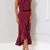 Womens 2025 Summer Satin Mock Neck Wedding Guest Party Cocktail Midi Dress Sleeveless Wrap Ruffle Formal Dresses