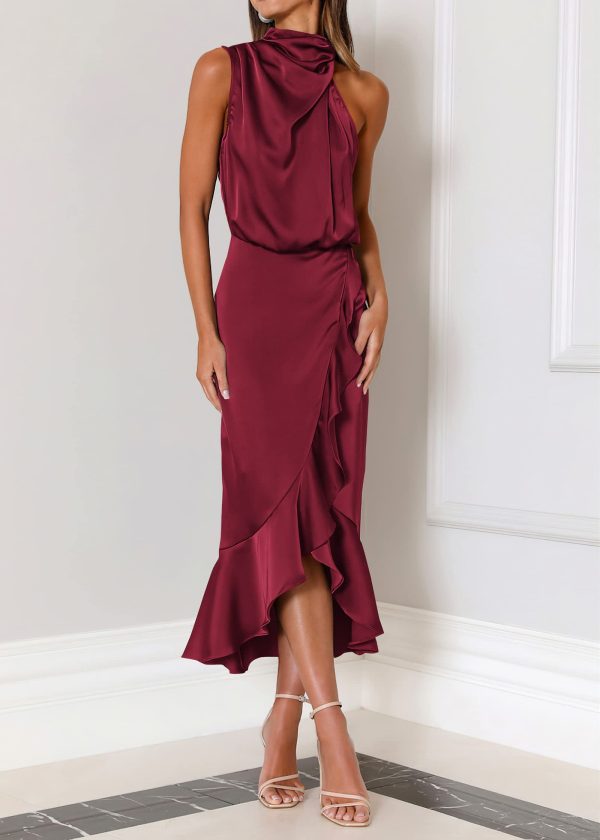 Womens 2025 Summer Satin Mock Neck Wedding Guest Party Cocktail Midi Dress Sleeveless Wrap Ruffle Formal Dresses