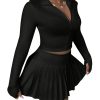 Women's Skirt Sets 2 Piece Outfits Long Sleeve Crop Top with Pleated Mini Skirt Set Party Outfits for Women