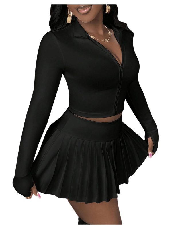 Women's Skirt Sets 2 Piece Outfits Long Sleeve Crop Top with Pleated Mini Skirt Set Party Outfits for Women