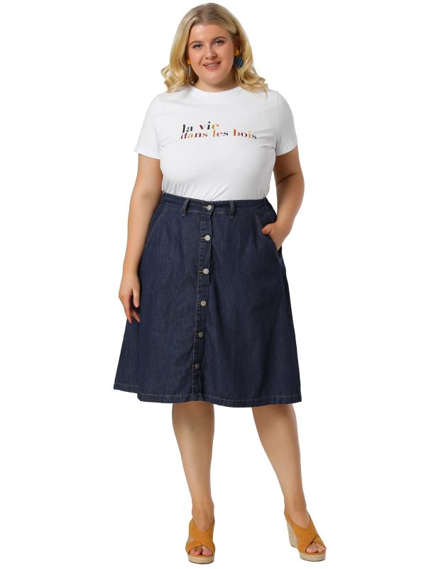 Plus Size Women's Denim Skirts Tie Waist A-Line with Pockets Midi Summer Jeans Skirts