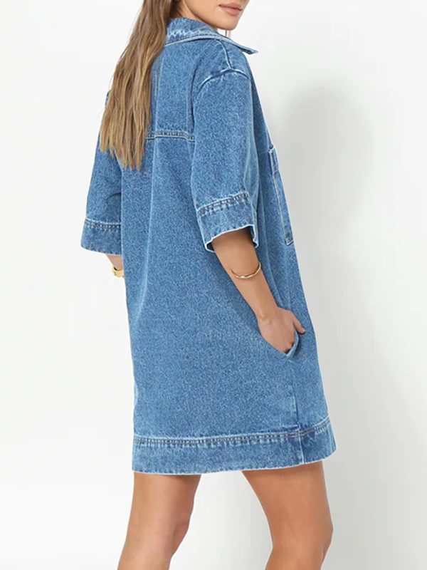 61QTtJWVcoL.jpg Womens Denim Shirt Dress Summer Collared V Neck Mini Casual Jean Dresses with Pockets