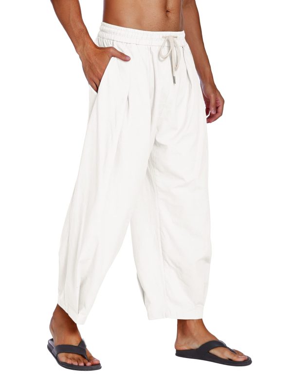 61T5adkgFyL.jpg Men's Cotton Linen Harem Pants Drawstring Casual Cropped Trousers Lightweight Loose Beach Yoga Pants with Pockets