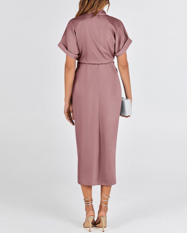 61Te08U3ClL.jpg 2025 Women Button Down Ruched Shirt Dresses Short Sleeve Lapel V Neck Elegant Party Spring Summer Maxi Satin Dress