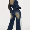 Long Sleeve Denim Jumpsuit for Women Straight Leg Washed Stretch Jean Jumpsuit with Belt Loose Fit Rompers Casual