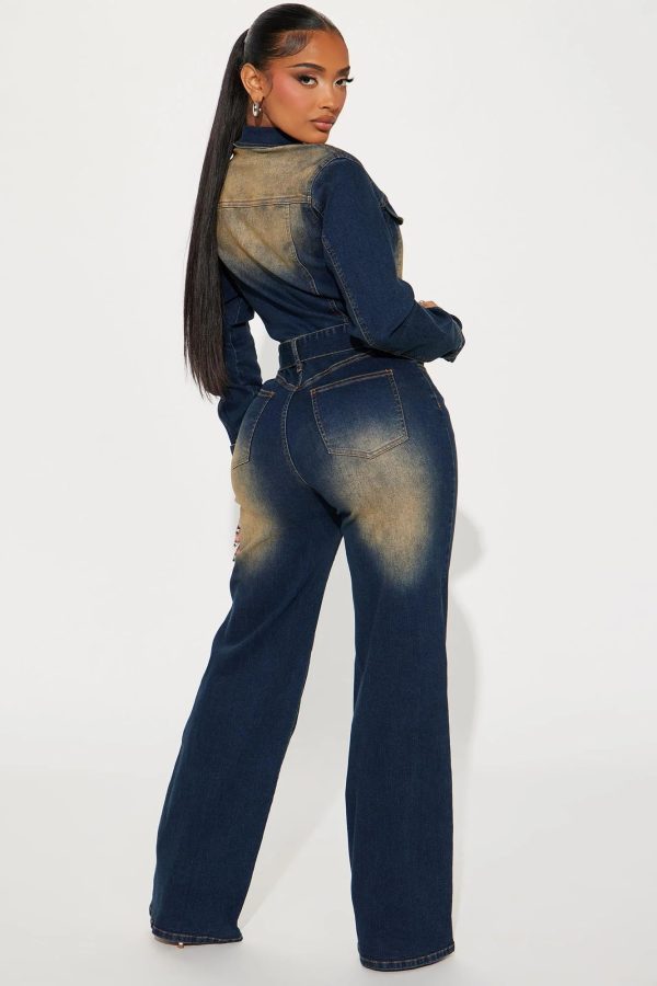 61U2r15gVL.jpg Long Sleeve Denim Jumpsuit for Women Straight Leg Washed Stretch Jean Jumpsuit with Belt Loose Fit Rompers Casual