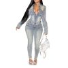 Women's Denim 2 Piece Set Long Sleeve Cropped Jacket Bodycon Pant 2 piece Outfits Vintage Y2K Fall Tracksuit