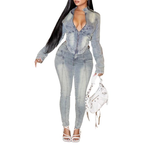 61WYlyMiwrL.jpg Women's Denim 2 Piece Set Long Sleeve Cropped Jacket Bodycon Pant 2 piece Outfits Vintage Y2K Fall Tracksuit