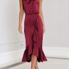 Womens 2025 Summer Satin Mock Neck Wedding Guest Party Cocktail Midi Dress Sleeveless Wrap Ruffle Formal Dresses