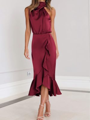 Womens 2025 Summer Satin Mock Neck Wedding Guest Party Cocktail Midi Dress Sleeveless Wrap Ruffle Formal Dresses