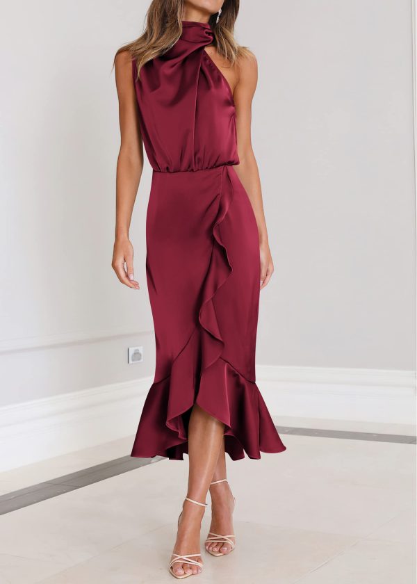 Womens 2025 Summer Satin Mock Neck Wedding Guest Party Cocktail Midi Dress Sleeveless Wrap Ruffle Formal Dresses